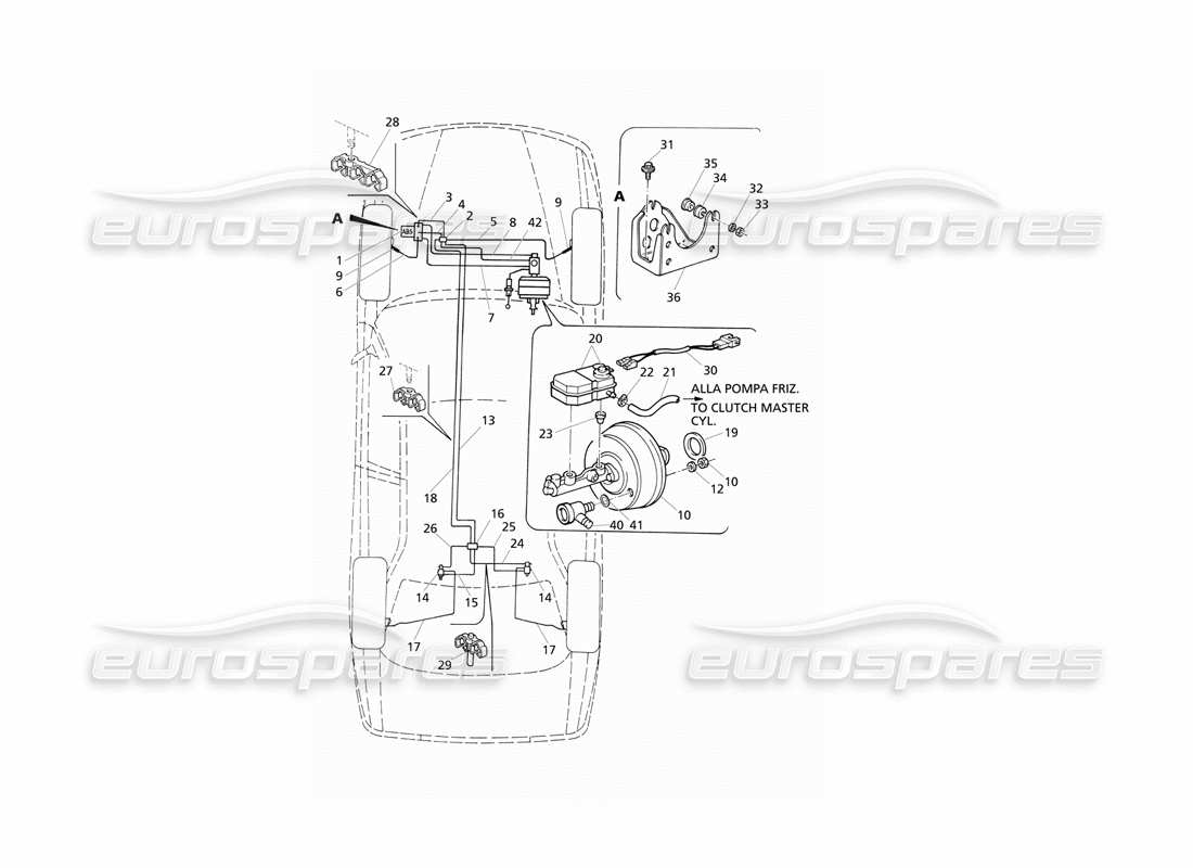Maserati QTP V8 Evoluzione Schema delle parti delle tubazioni dei freni idraulici ABS (RHD).