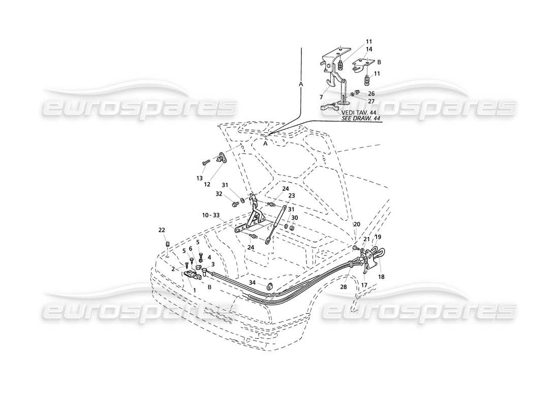 Maserati QTP V8 Evoluzione Cofano: Cerniere e Sgancio Cofano Diagramma delle parti