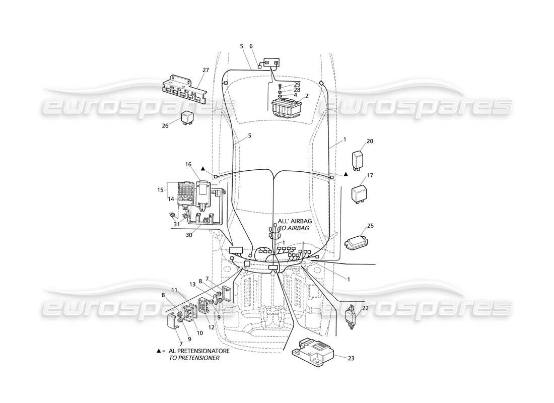 Maserati QTP V8 Evoluzione Elet. Sistema: diagramma delle parti del cruscotto e della batteria (guida a sinistra).