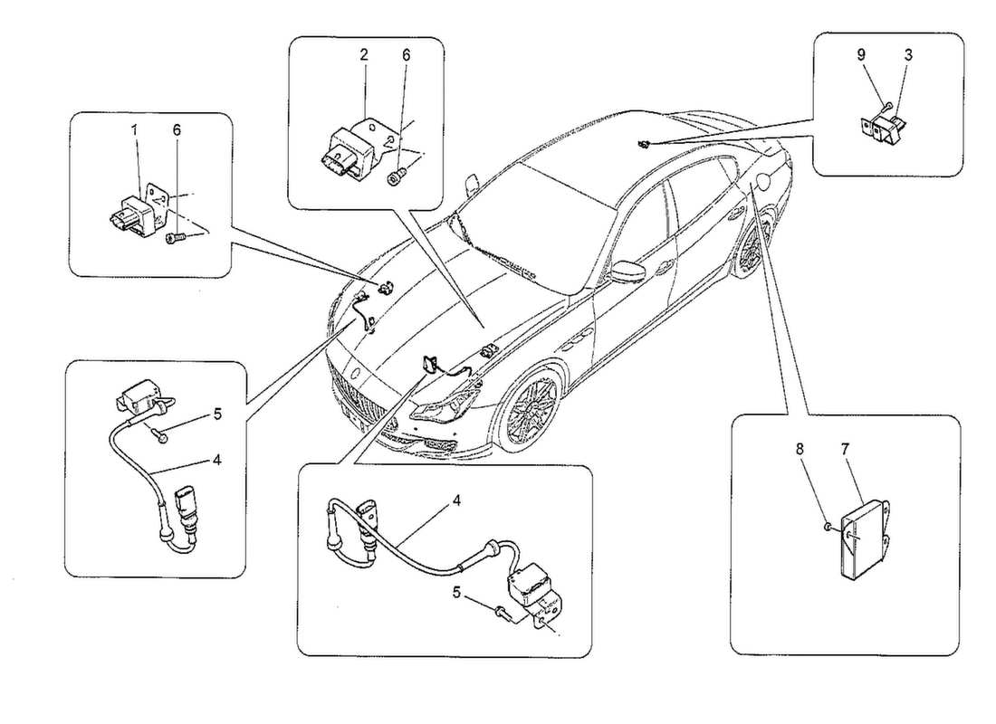Maserati QTP. V8 3.8 530bhp 2014 Diagramma delle parti del controllo elettronico (sospensione).