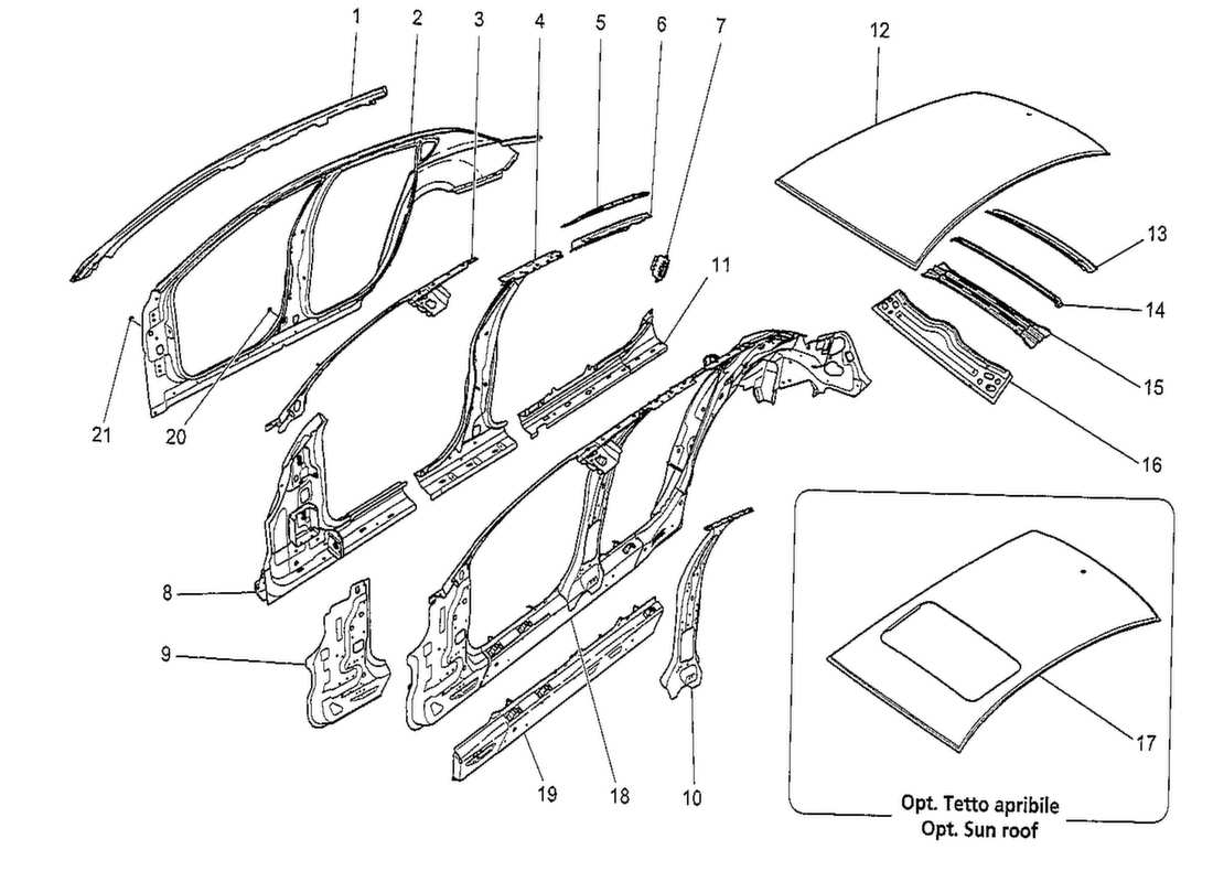 Maserati QTP. V8 3.8 530bhp 2014 CARROZZERIA E PANNELLI DI RIVESTIMENTO ESTERNI CENTRALI Diagramma delle parti