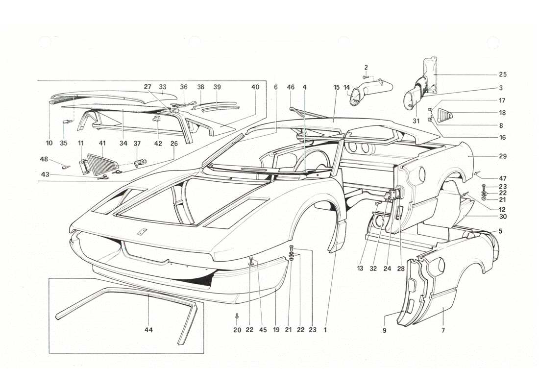 Ferrari 208 GTB GTS Scocca - Elementi esterni Diagramma delle parti