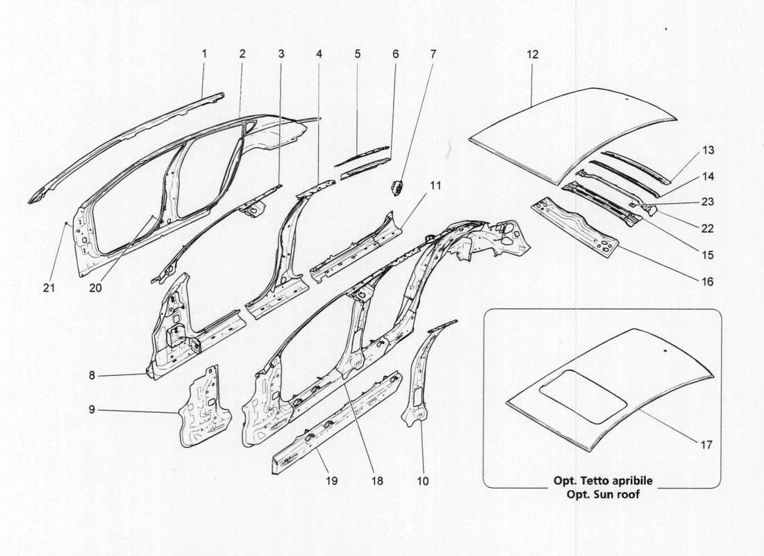 Maserati QTP. V6 3.0 BT 410bhp 2015 CARROZZERIA E PANNELLI DI RIVESTIMENTO ESTERNI CENTRALI Diagramma delle parti