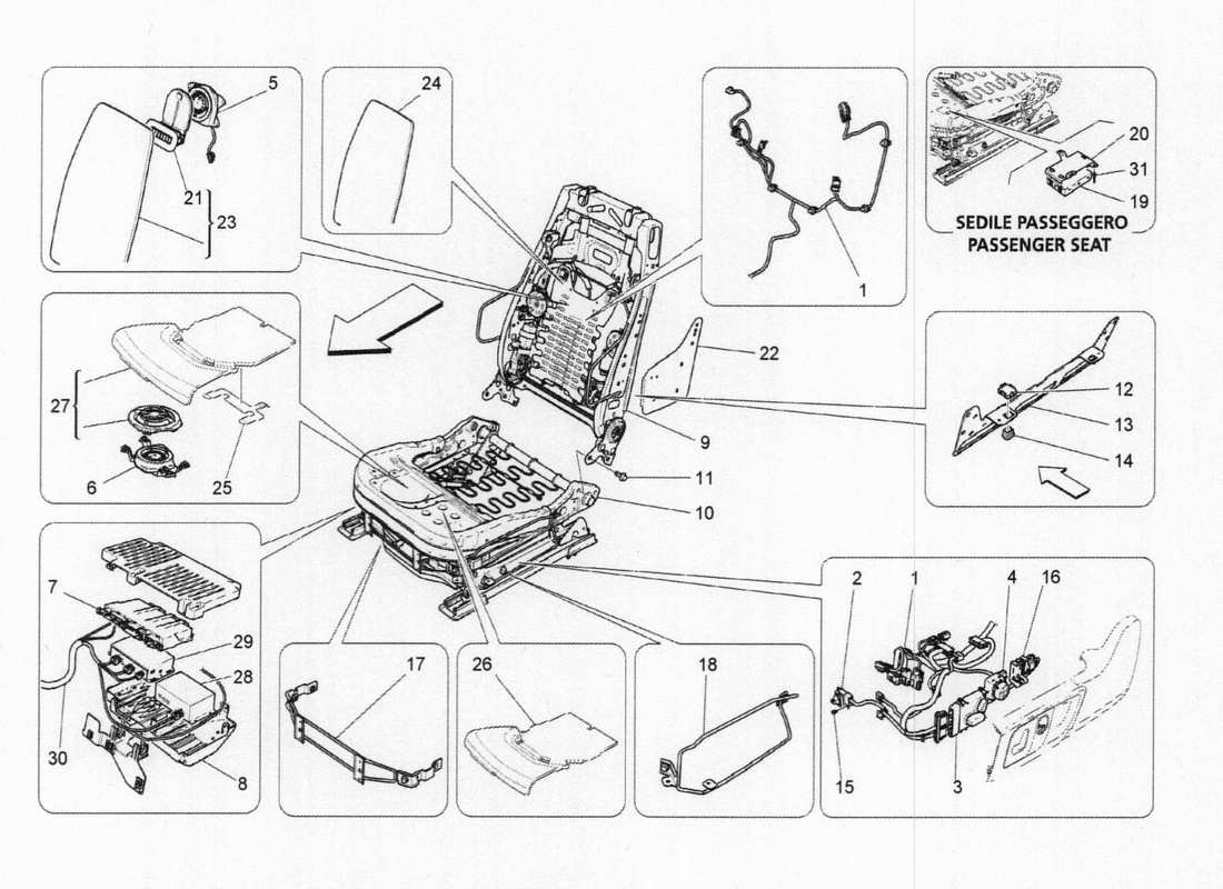 Maserati QTP. V6 3.0 BT 410bhp 2015 Elettronica del sedile anteriore Diagramma delle parti