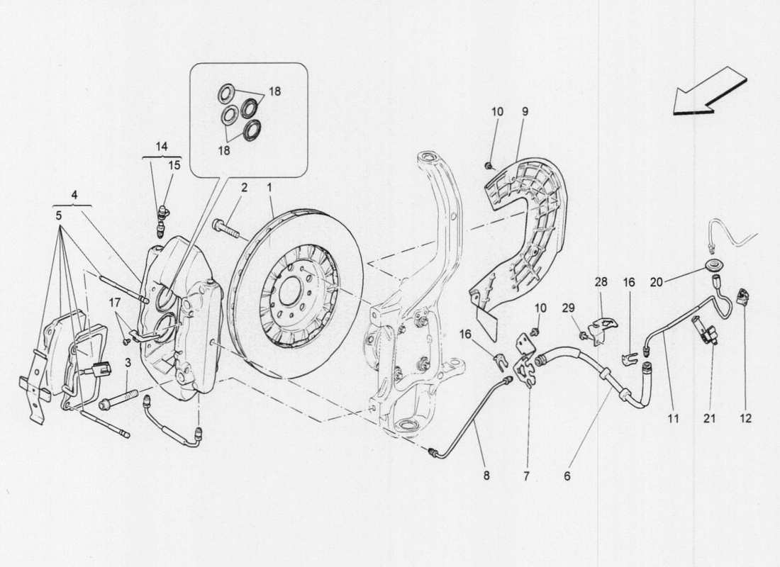 Maserati QTP. V6 3.0 TDS 275bhp 2017 dispositivi di frenatura sulle ruote anteriori Diagramma delle parti