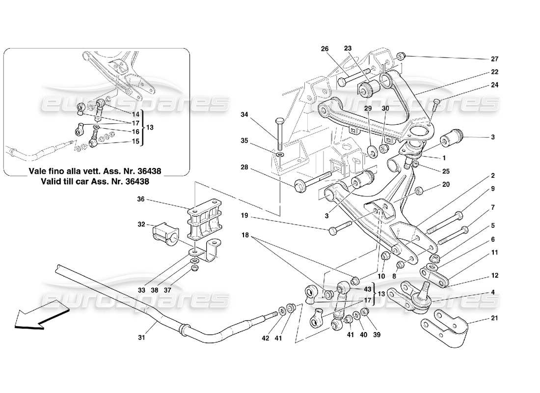 Ferrari 550 Maranello Sospensione anteriore: bracci trasversali e barra stabilizzatrice Diagramma delle parti