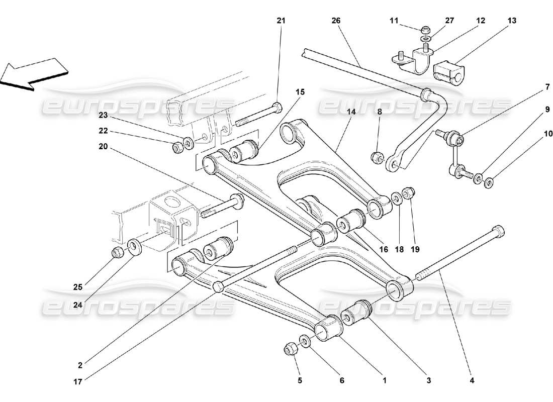 Ferrari 550 Maranello Sospensione posteriore: bracci trasversali e barra stabilizzatrice Diagramma delle parti