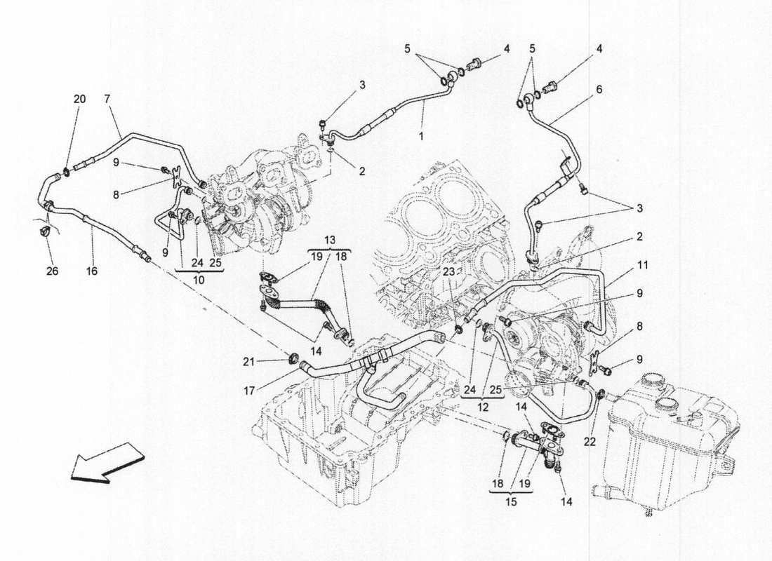 Maserati QTP. V6 3.0 BT 410bhp 2wd 2017 sistema di turbocompressione: lubrificazione e raffreddamento Diagramma delle parti