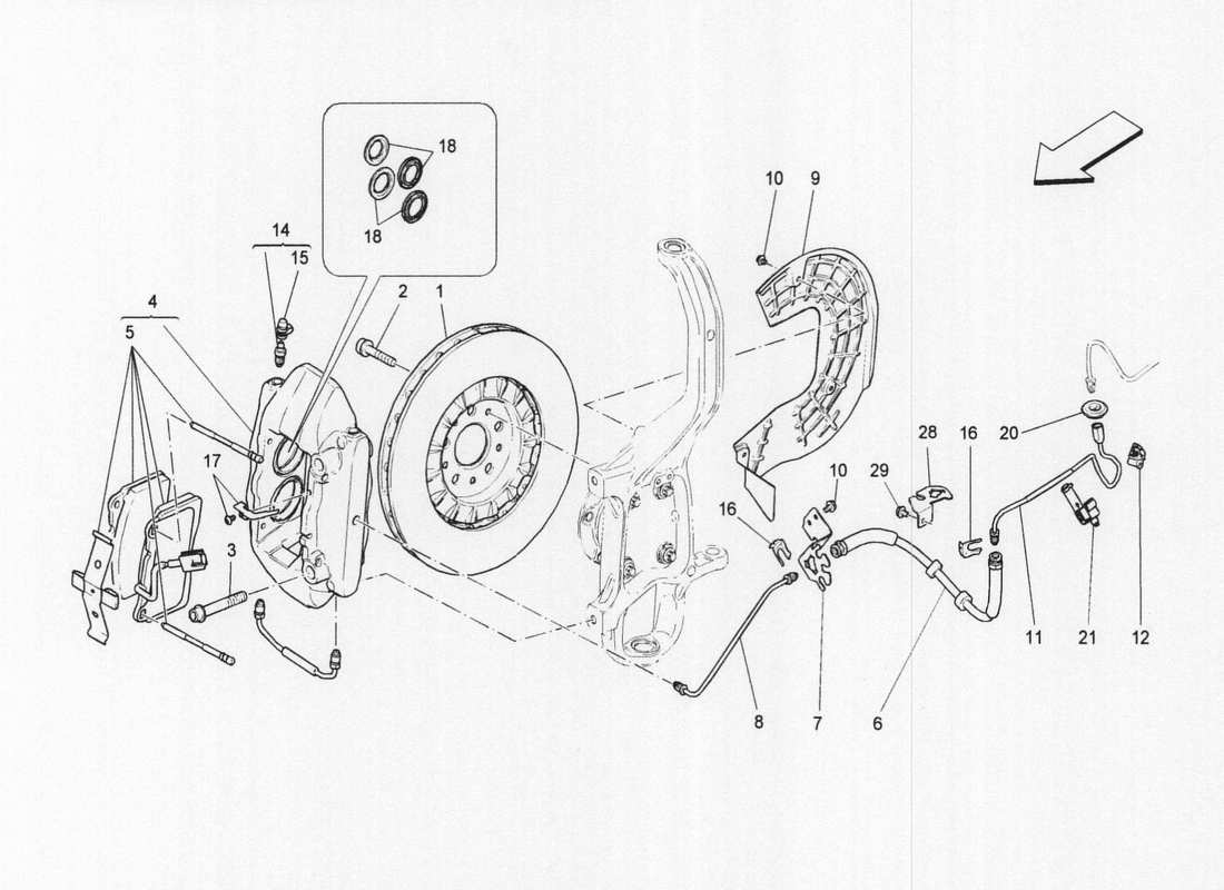Maserati QTP. V6 3.0 BT 410bhp 2wd 2017 dispositivi di frenatura sulle ruote anteriori Diagramma delle parti