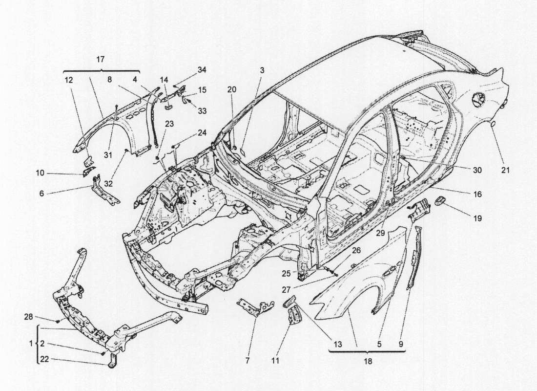 Maserati QTP. V6 3.0 BT 410bhp 2wd 2017 CARROZZERIA E PANNELLI DI RIVESTIMENTO ESTERNI ANTERIORI Diagramma delle parti