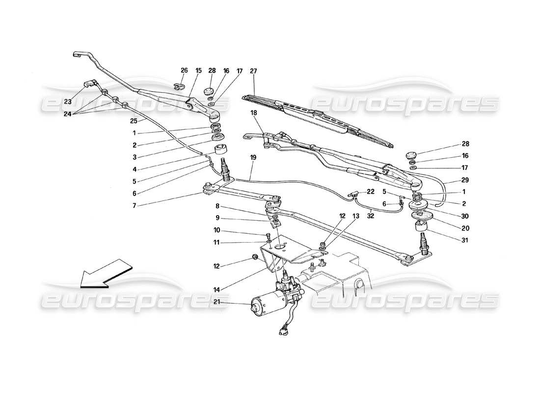 Ferrari 348 (1993) TB / TS Tergicristallo e movimento del parabrezza Diagramma delle parti