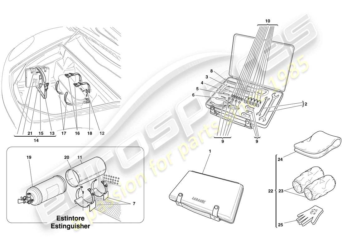 Ferrari F430 Spider (USA) ATTREZZI E ACCESSORI FORNITI CON IL VEICOLO Diagramma delle parti