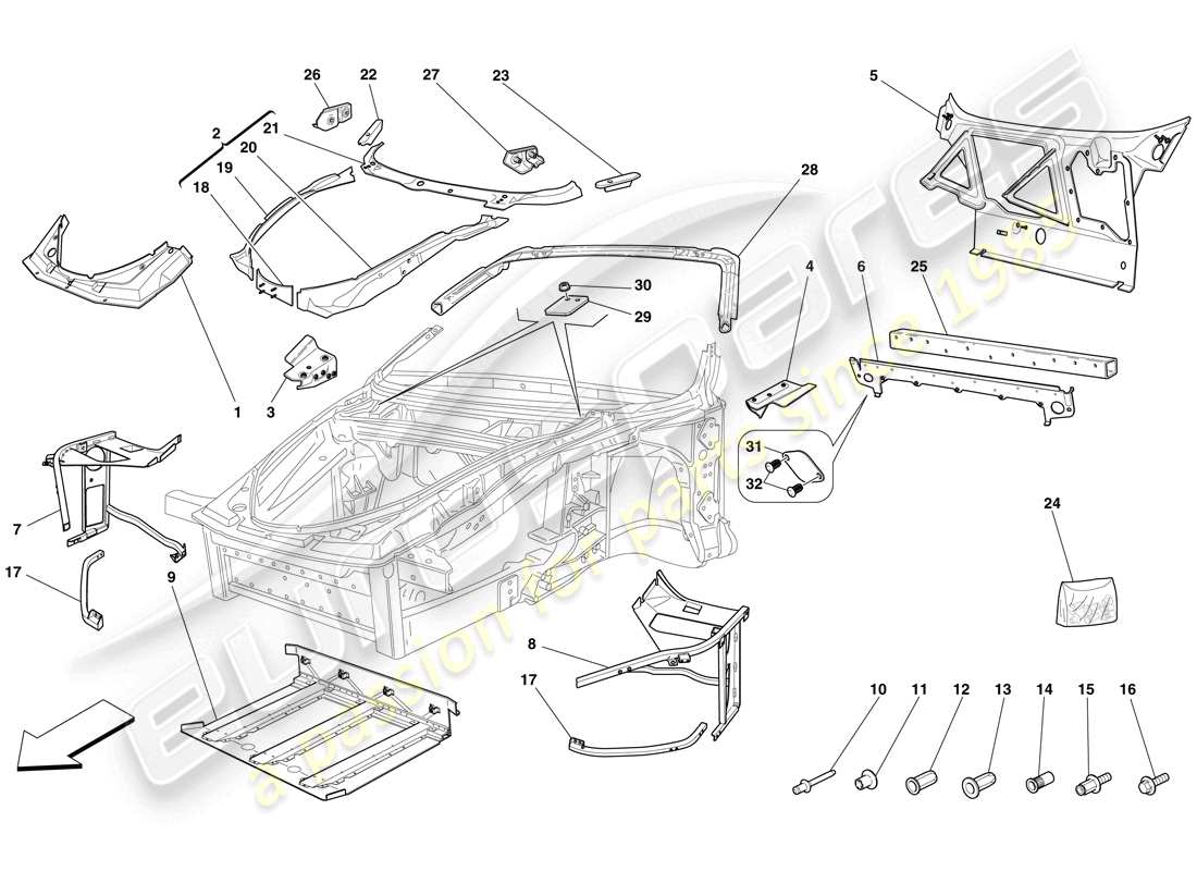 Ferrari F430 Spider (USA) TELAIO - STRUTTURA ANTERIORE COMPLETA E PANNELLI Diagramma delle parti