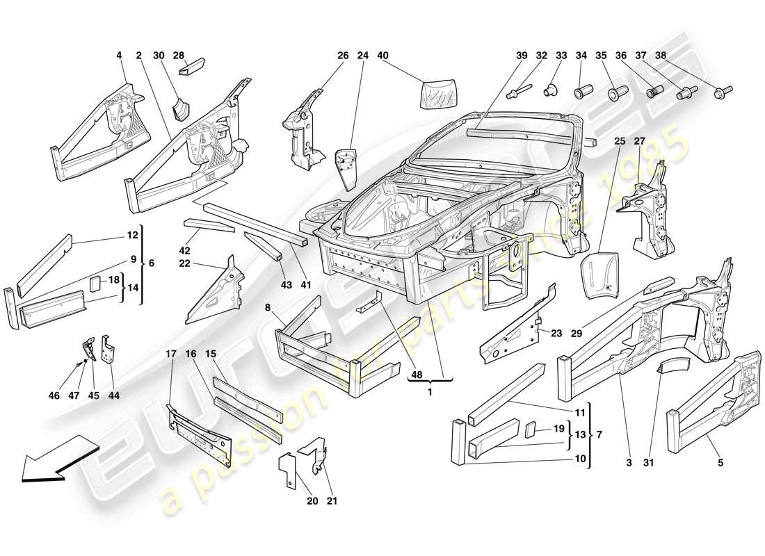 Ferrari F430 Spider (USA) TELAIO - STRUTTURA, ELEMENTI ANTERIORI E PANNELLI Diagramma delle parti