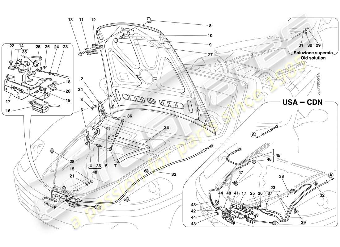 Ferrari F430 Spider (USA) COPERCHIO ANTERIORE E MECCANISMO DI APERTURA Diagramma delle parti