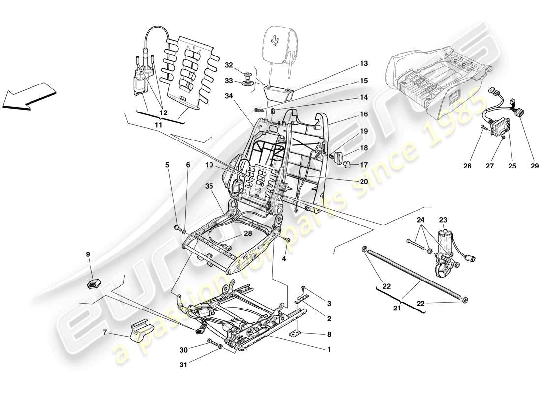 Ferrari F430 Spider (USA) sedile elettrico - guide e meccanismi di regolazione Diagramma delle parti