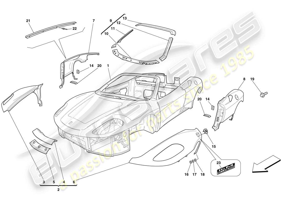 Ferrari F430 Scuderia Spider 16M (RHD) scocca - finiture esterne Diagramma delle parti