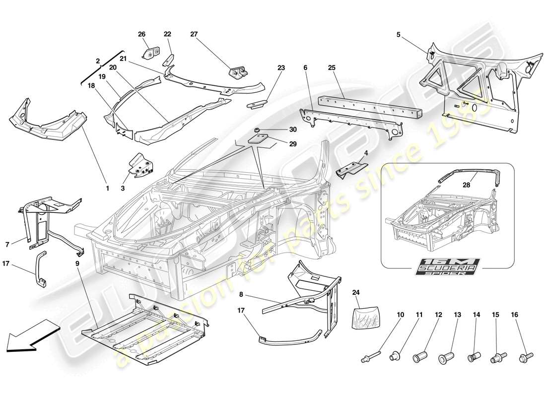 Ferrari F430 Scuderia Spider 16M (RHD) TELAIO - STRUTTURA ANTERIORE COMPLETA E PANNELLI Diagramma delle parti