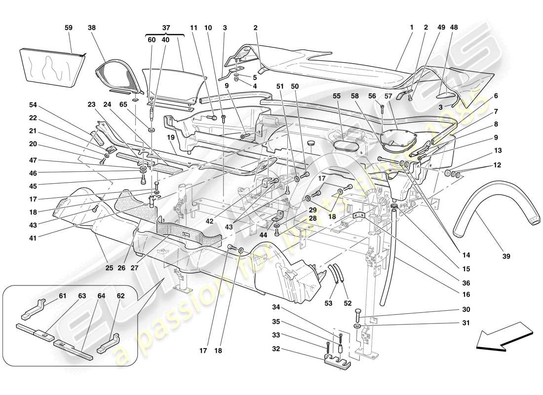 Ferrari F430 Scuderia Spider 16M (RHD) rivestimento del tetto e vasca contenitore Diagramma delle parti