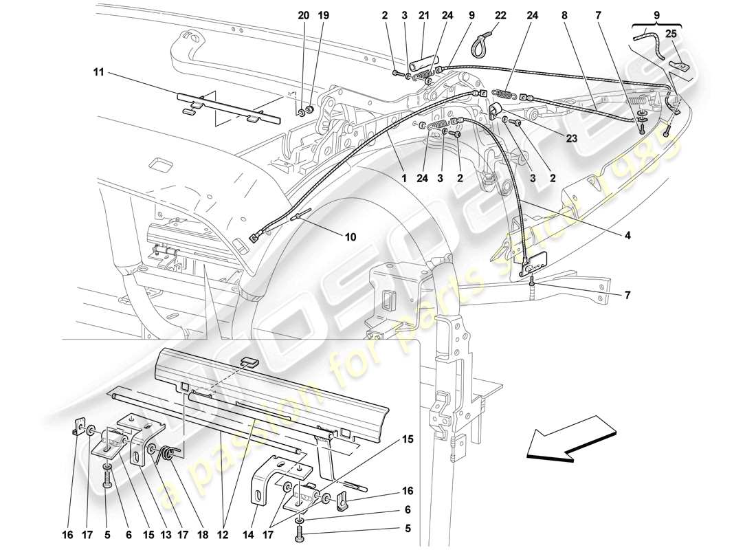 Ferrari F430 Scuderia Spider 16M (RHD) cavi e meccanismo del tetto Diagramma delle parti