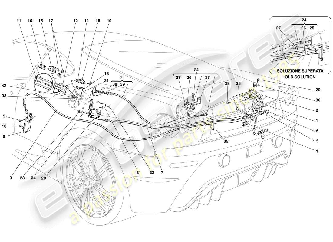 Ferrari F430 Scuderia Spider 16M (RHD) MECCANISMI DI APERTURA COPERCHIO VANO MOTORE E SPORTELLO CARBURANTE Diagramma delle parti