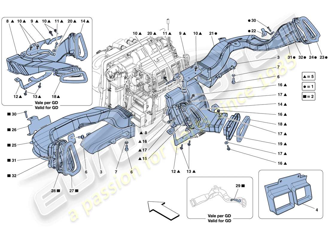 Ferrari 458 Spider (RHD) CONDOTTI ARIA CRUSCOTTO Diagramma delle parti