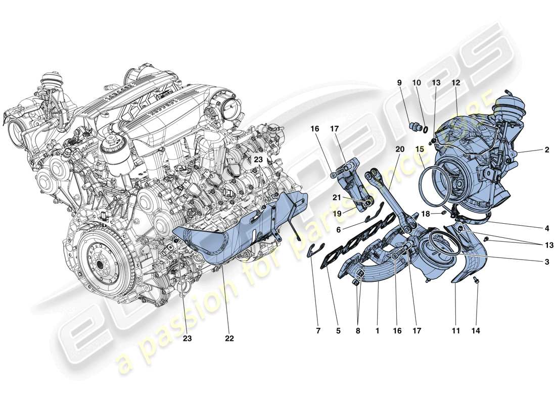 Ferrari 488 Spider (RHD) COLLETTORI, SISTEMA TURBOCOMPRESSORE E TUBI Diagramma delle parti