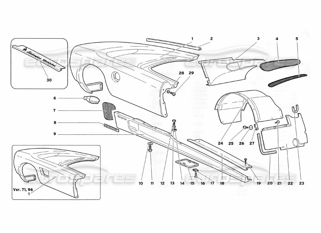 Lamborghini Diablo SV (1999) Elementi del corpo: fianco destro Diagramma delle parti