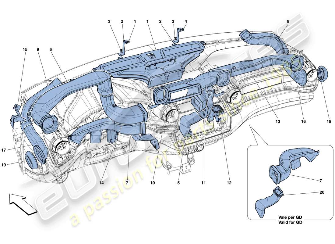 Ferrari GTC4 Lusso T (EUROPA) CONDOTTI ARIA CRUSCOTTO Diagramma delle parti