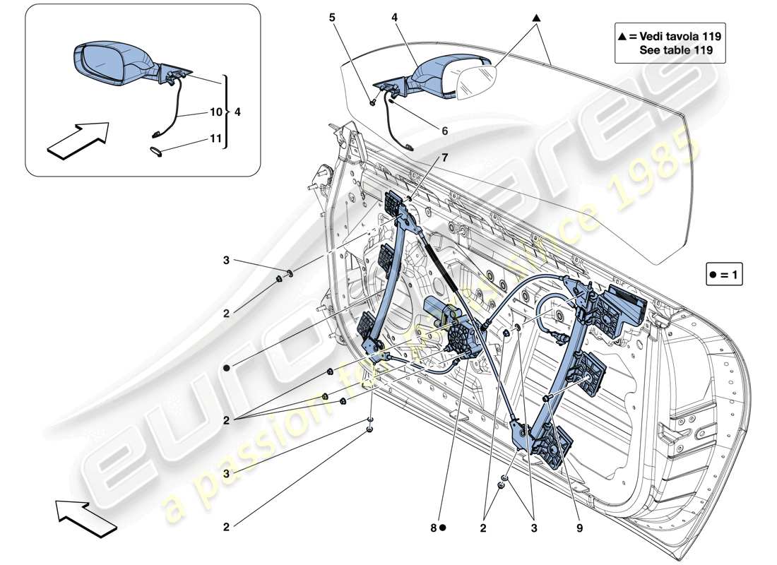 Ferrari GTC4 Lusso T (EUROPA) PORTE - ALZACRISTALLI ELETTRICI E SPECCHIO RETROVISORE Diagramma delle parti