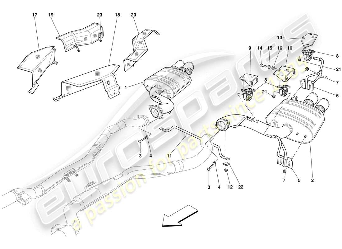 Ferrari 599 GTO (RHD) Sistema di scarico posteriore Diagramma delle parti