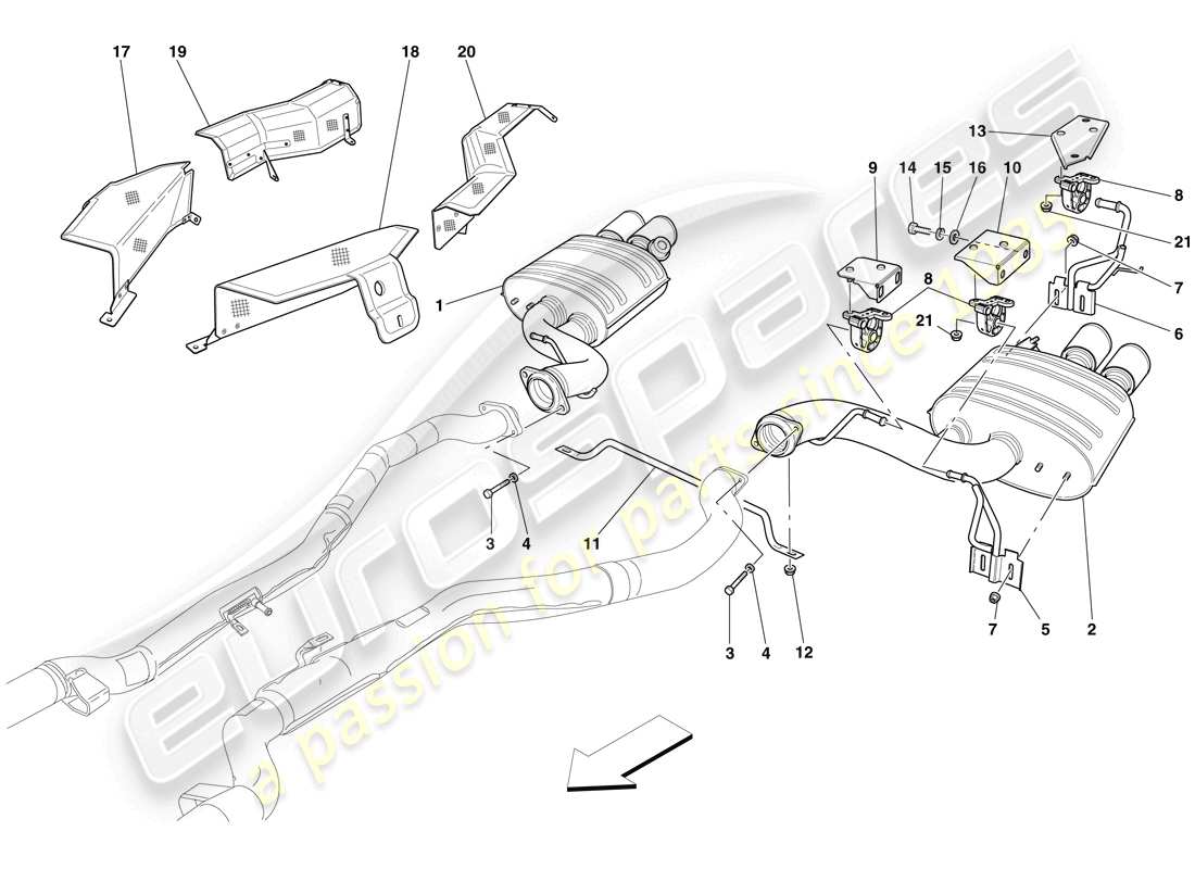 Ferrari 599 SA Aperta (RHD) Sistema di scarico posteriore Diagramma delle parti