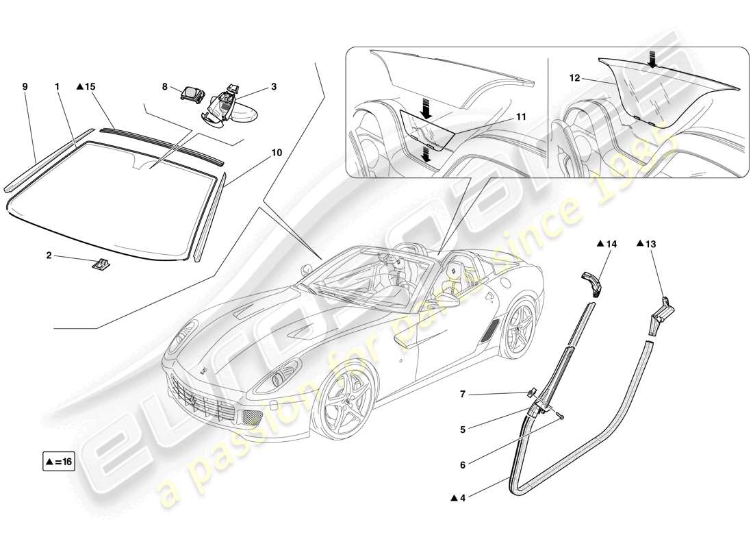 Ferrari 599 SA Aperta (RHD) SCHERMI, FINESTRE E GUARNIZIONI Diagramma delle parti