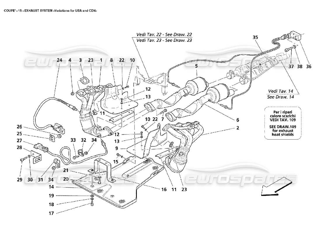 Schema delle parti Maserati 4200 Coupé (2002) Sistema di scarico -Variazioni per USA e CDN