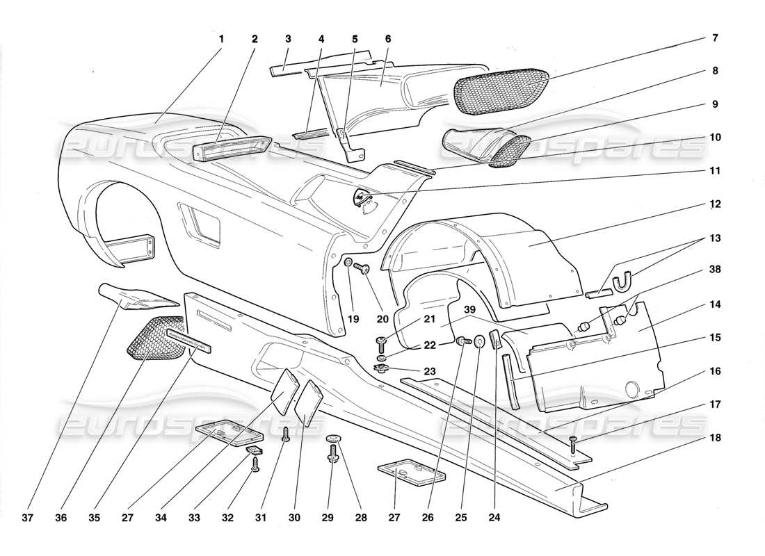 Schema delle parti Lamborghini Diablo Roadster (1998) Elementi della coque: fianco destro