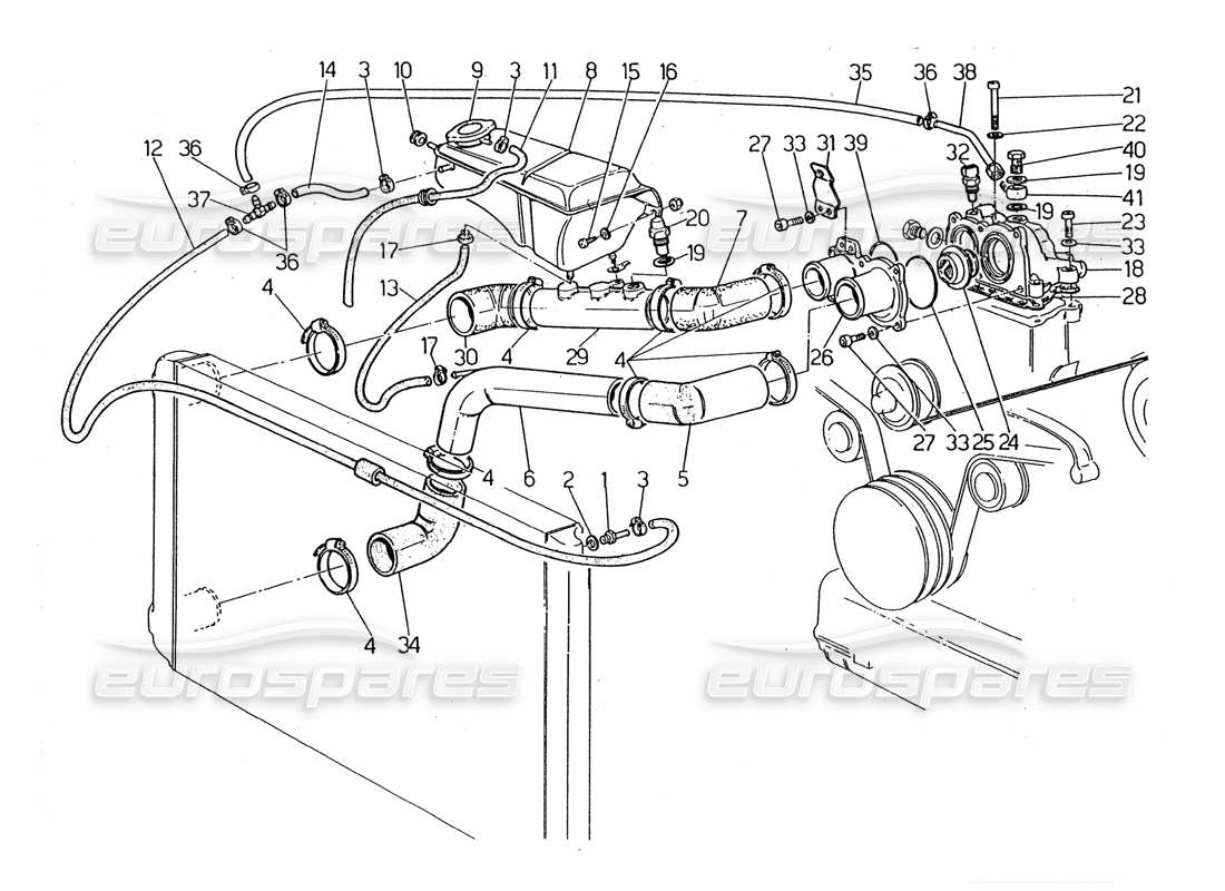 Maserati 2.24v Tubi e termostato di raffreddamento del motore Diagramma delle parti