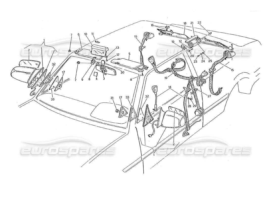 Maserati 2.24v Cinture di sicurezza, specchietti e visiera parasole Diagramma delle parti
