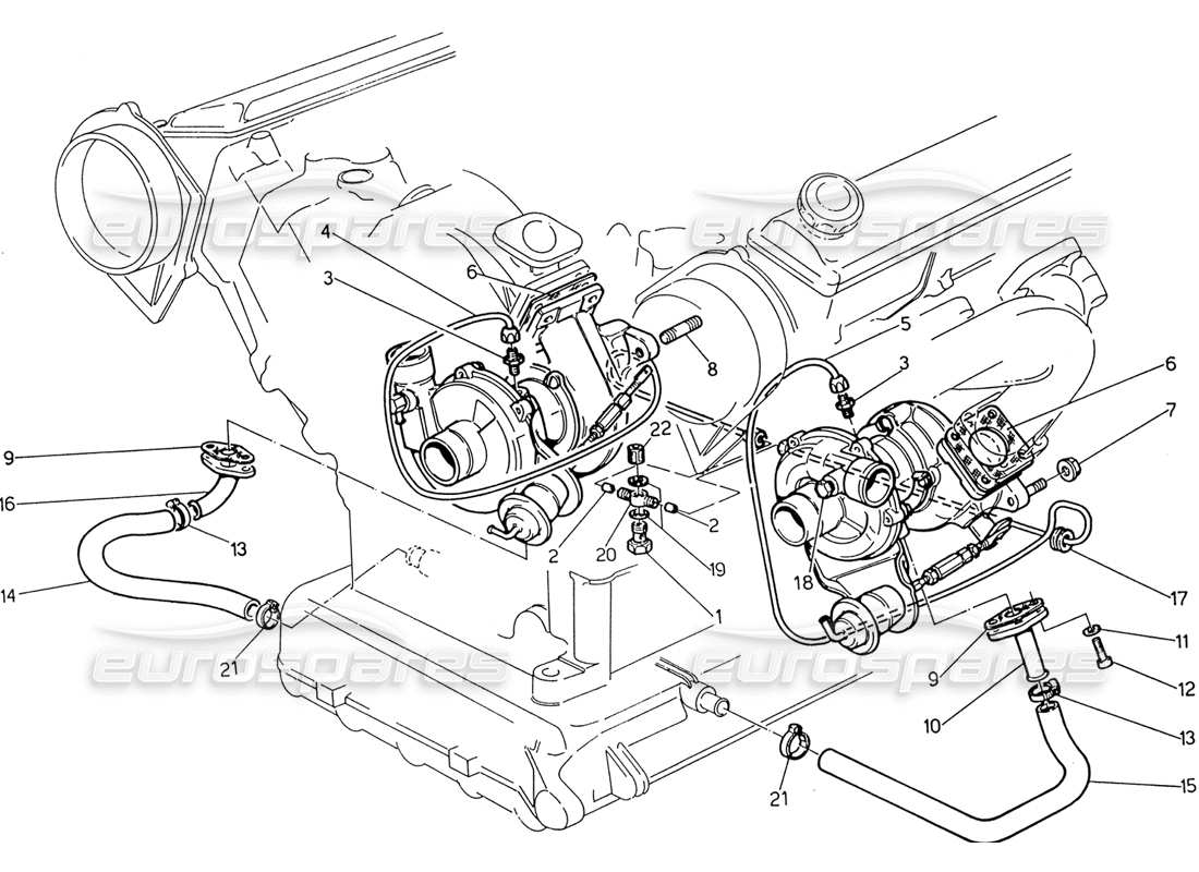 Maserati 222 / 222E Biturbo Lubrificazione Turbosoffianti Diagramma delle parti