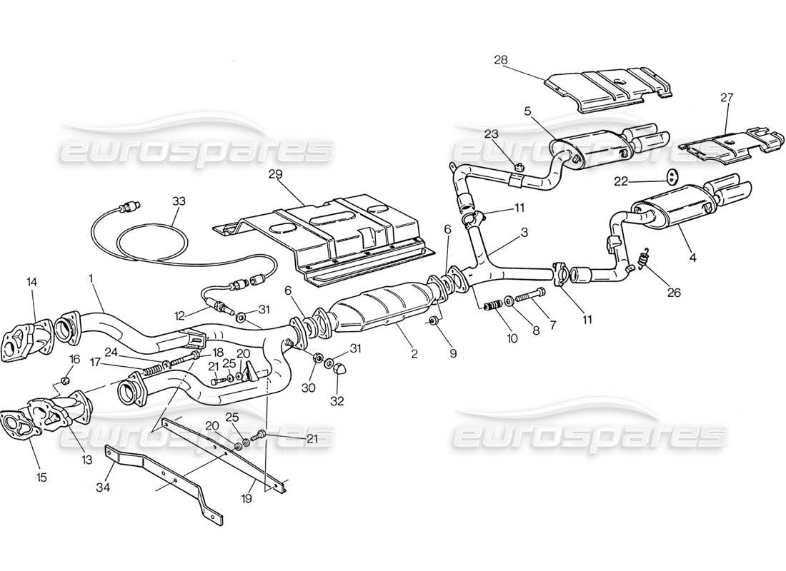 Schema delle parti del sistema di scarico Maserati 222 / 222E Biturbo con catalizzatore (3v).
