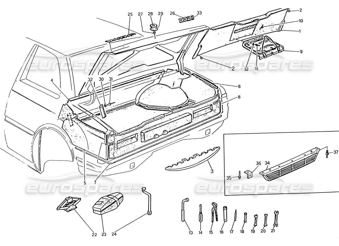 Maserati 222 / 222E Biturbo Stivale: distintivi, tappeti e strumenti Diagramma delle parti