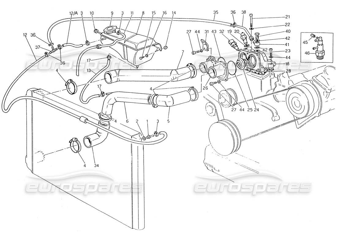 Maserati Karif 2.8 Tubi e termostato di raffreddamento del motore Diagramma delle parti