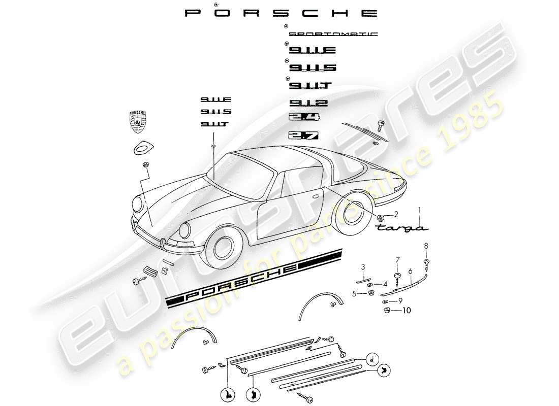 Porsche 911 (1972) RACCORDI DECORATIVI Diagramma delle parti