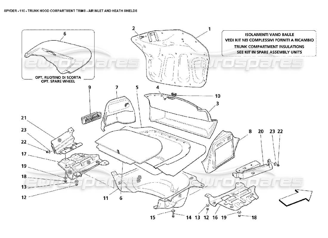 Schema delle parti di Maserati 4200 Spyder (2002) Finiture del vano cofano del bagagliaio: presa d'aria e protezioni contro la brughiera