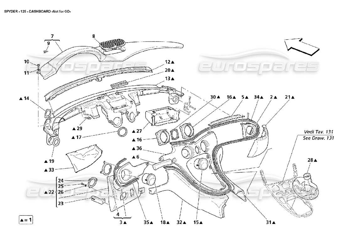 Schema delle parti di Maserati 4200 Spyder (2002) Cruscotto: non per GD