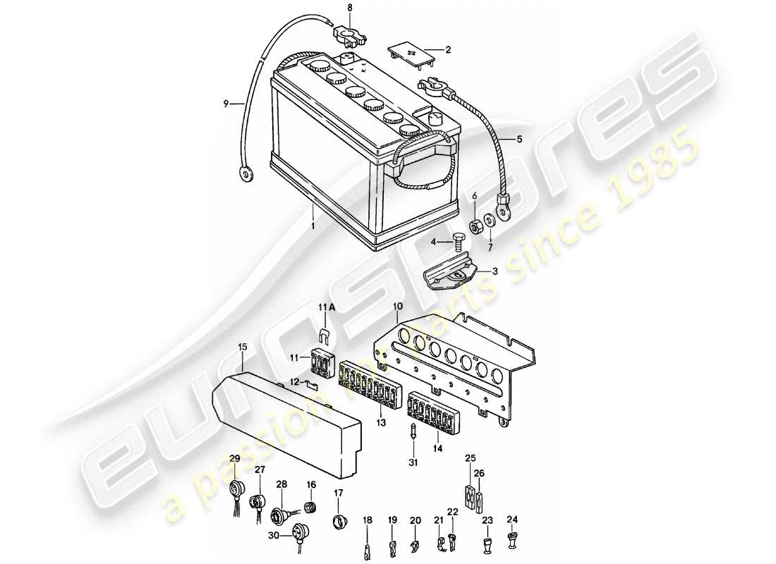 Porsche 911 (1978) BATTERIA - SCATOLA FUSIBILI Diagramma delle parti