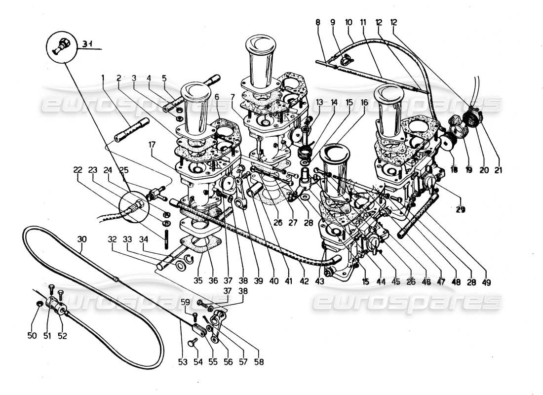 Lamborghini Urraco P250 / P250S Sistema di alimentazione carburante (carburatori) Schema delle parti