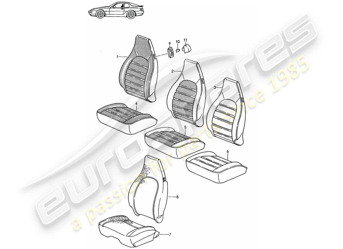 Porsche Seat 944/968/911/928 (1986) COPERTURA - SEDILE ANTERIORE - D - MJ 1992>> - MJ 1993 Diagramma delle parti