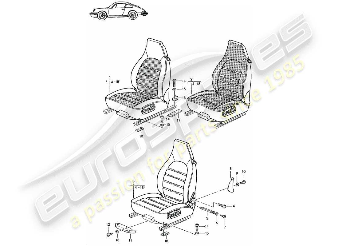 Porsche Seat 944/968/911/928 (1986) SEDILE ANTERIORE - COMPLETO - TUTTO ELETTRICO - ELETT. REGOLAZIONE VERTICALE - - D - MJ 1987>> - MJ 1989 Diagramma delle parti