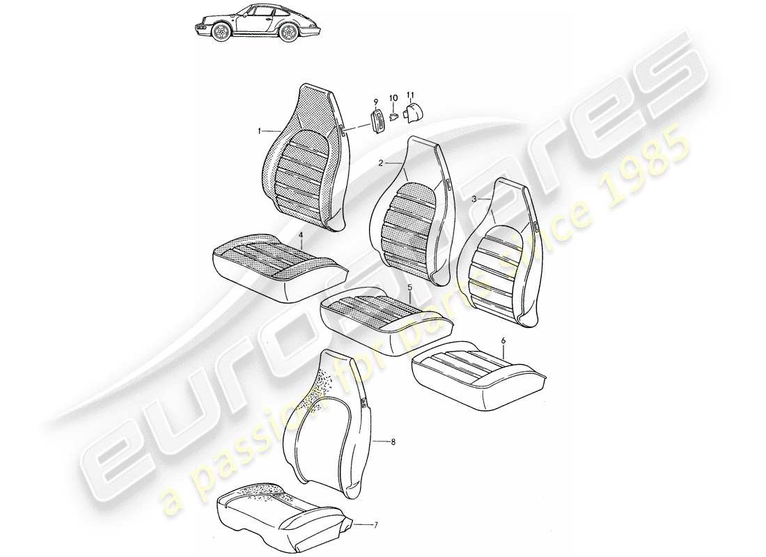 Porsche Seat 944/968/911/928 (1986) COPERTURA - SEDILE ANTERIORE - D - MJ 1989>> - MJ 1994 Diagramma delle parti