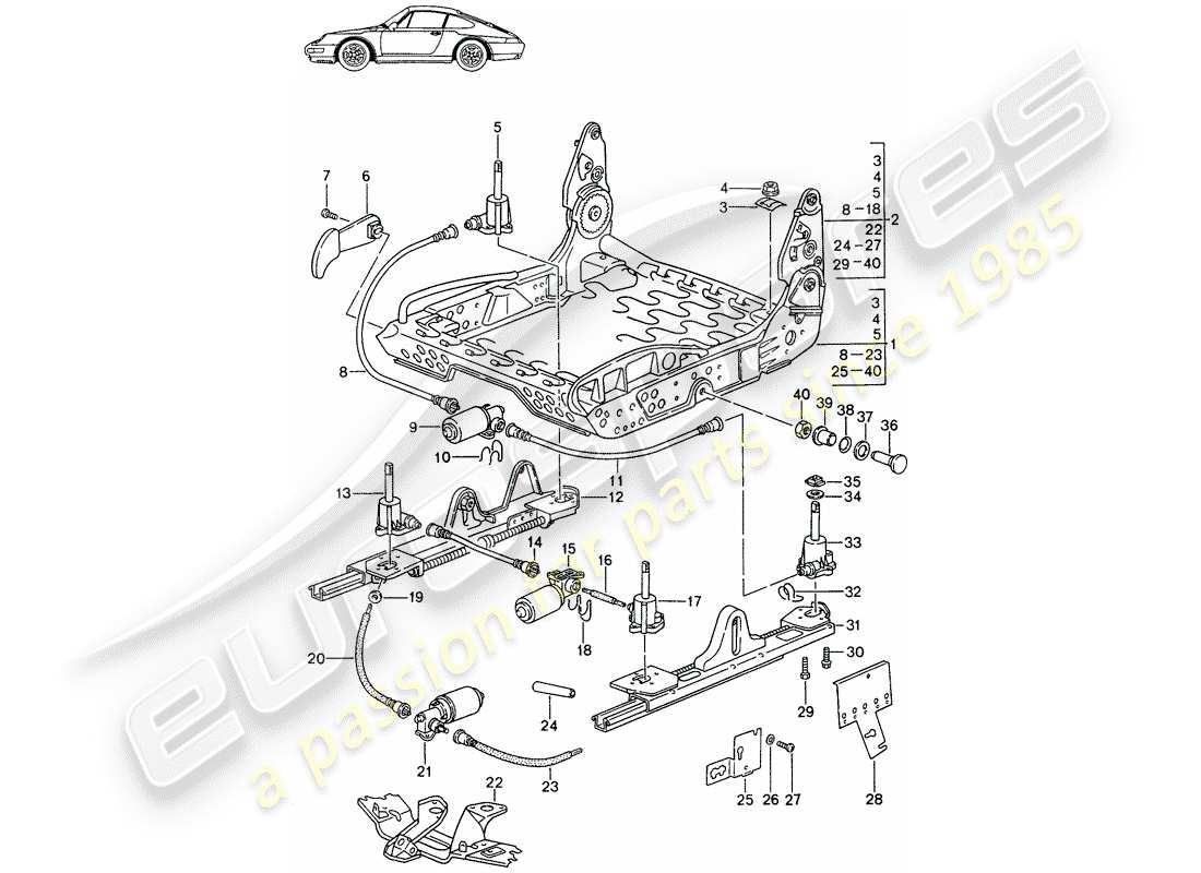 Porsche Seat 944/968/911/928 (1986) TELAIO PER SEDILE - PER - SEDILE COMFORT - E - SEDILE STANDARD - CON: - ELECT. REGOLAZIONE VERTICALE - D - MJ 1994>> - MJ 1998 Diagramma delle parti